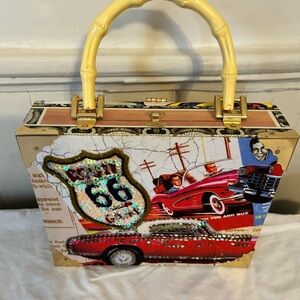 Vintage Far Nine Route 66 Cigar Box Purse NWOT -Beaded Cars & NM Desert Scene